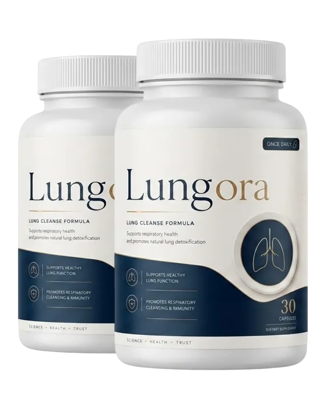 Two Lungora bottles, white with cream and navy labels reading Lungora, Lung Cleanse Formula, 30 capsules