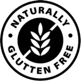Black and white seller roundel with a crossed wheat ear reading Naturally Gluten Free