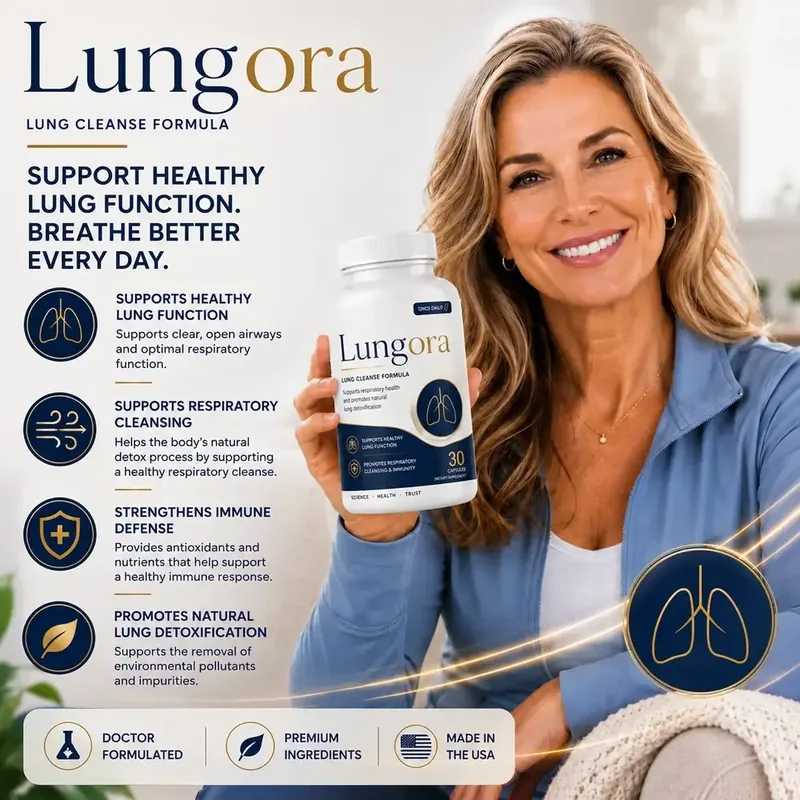 Brand ad: a smiling woman holds a Lungora bottle beside the words Support healthy lung function, breathe better every day, with four claim icons and three badges