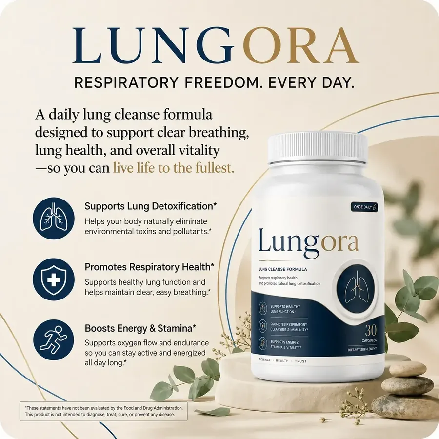 Lungora ad graphic reading Respiratory freedom every day, with three claims: Supports Lung Detoxification, Promotes Respiratory Health and Boosts Energy and Stamina, beside a white bottle