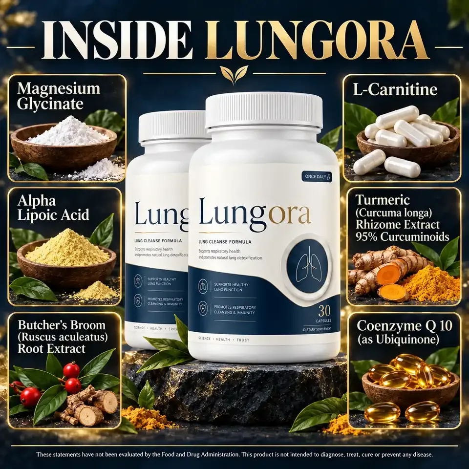 Brand graphic titled Inside Lungora showing magnesium glycinate, alpha lipoic acid, butcher's broom, L-carnitine, turmeric extract and coenzyme Q10 around two bottles