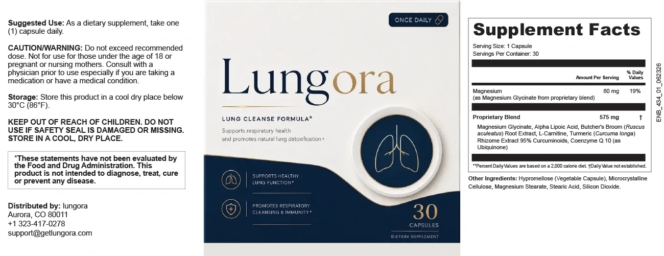 The full Lungora bottle label laid flat: directions, warnings and distributor at left, bottle front at center, Supplement Facts and other ingredients at right